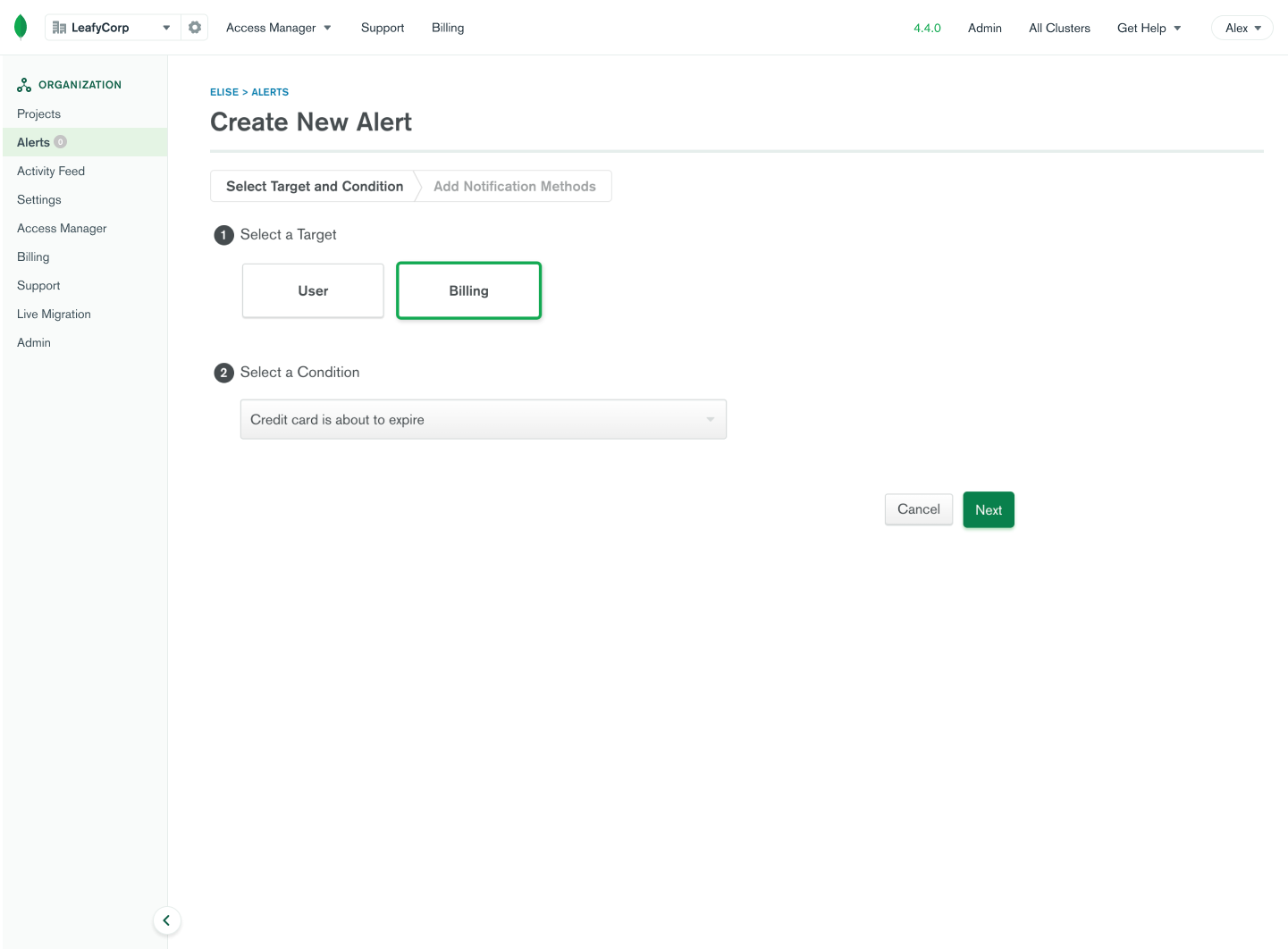 Alert condition selection